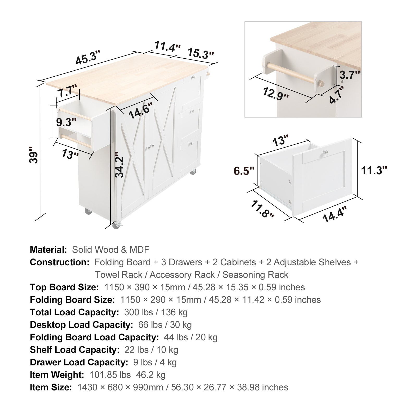 Kitchen Island With Solid Wood Top And Storage Cabinet On Wheels_voghion.com